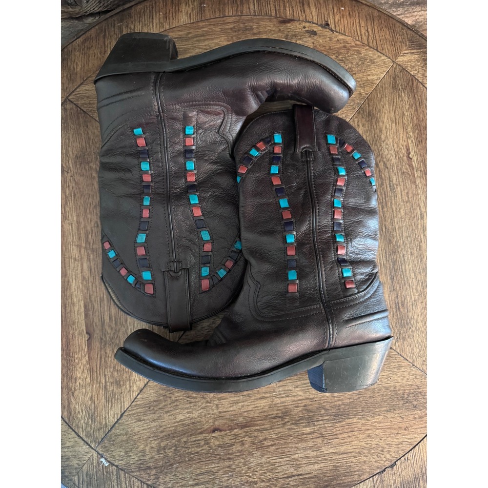 Durango Brown Leather Western Boots Turquoise Woven Inlay Cowgirl 8.5 M 13256W